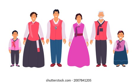 Happy hanbok family wearing festive korean ethnic costume. Smiling parents, grandparents and children in oriental traditional clothing vector illustration isolated on white background