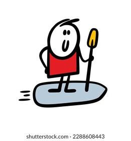 Happy hand drawn cartoon guy surfing on a sup and holds paddle Vector illustration of man boating on the sea or river waves.