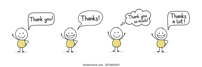 Happy hand drawn character with text - thank you, thanks. Vector