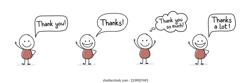 Happy hand drawn character with text - thank you, thanks. Vector