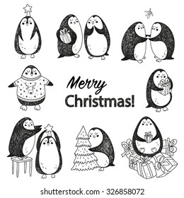 happy hand drawn christmas postcard with cute abstract penguins isolated on a white background