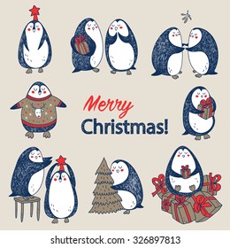 happy hand drawn christmas postcard with cute abstract penguins 