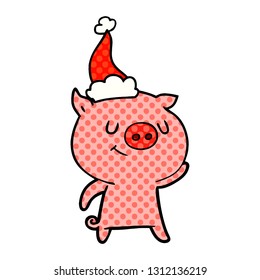 happy hand drawn comic book style illustration of a pig wearing santa hat