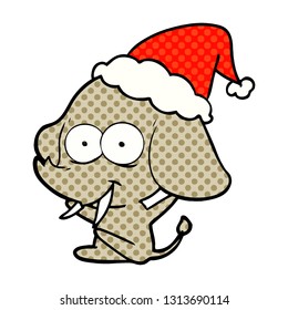 happy hand drawn comic book style illustration of a elephant wearing santa hat