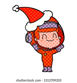 happy hand drawn comic book style illustration of a astronaut man wearing santa hat