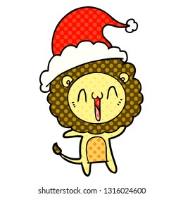 happy hand drawn comic book style illustration of a lion wearing santa hat
