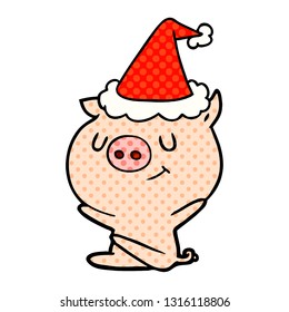 happy hand drawn comic book style illustration of a pig wearing santa hat