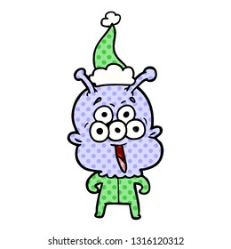 happy hand drawn comic book style illustration of a alien wearing santa hat