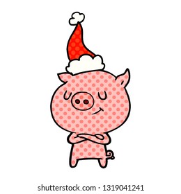 happy hand drawn comic book style illustration of a pig wearing santa hat