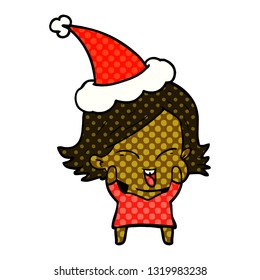 happy hand drawn comic book style illustration of a girl wearing santa hat