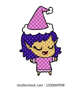 happy hand drawn comic book style illustration of a elf girl wearing santa hat