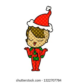 happy hand drawn comic book style illustration of a girl in space suit wearing santa hat
