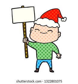 happy hand drawn comic book style illustration of a bald man wearing santa hat