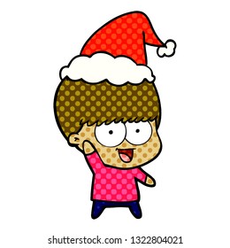 happy hand drawn comic book style illustration of a boy waving wearing santa hat