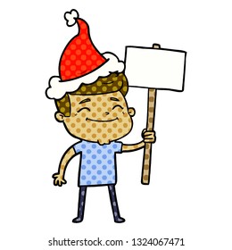 happy hand drawn comic book style illustration of a man with placard wearing santa hat