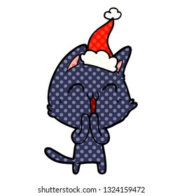 glückliche handgezeichnete Comicbuchstil-Illustration einer Katze mit Santa-Hut