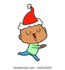 happy hand drawn comic book style illustration of a bald man wearing santa hat