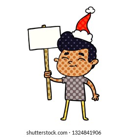 happy hand drawn comic book style illustration of a man with sign wearing santa hat