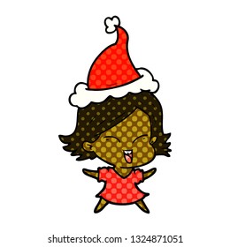 happy hand drawn comic book style illustration of a girl wearing santa hat