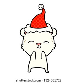 happy hand drawn comic book style illustration of a polar bear wearing santa hat