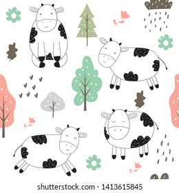 Happy hand drawn cow pattern, illustrations can be used for t-shirts, bags, backgrounds, digital and print