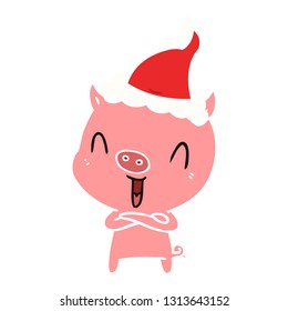 happy hand drawn flat color illustration of a pig wearing santa hat