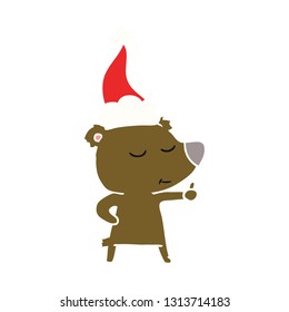 happy hand drawn flat color illustration of a bear giving thumbs up wearing santa hat