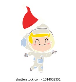 happy hand drawn flat color illustration of a astronaut man wearing santa hat