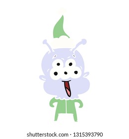 happy hand drawn flat color illustration of a alien wearing santa hat