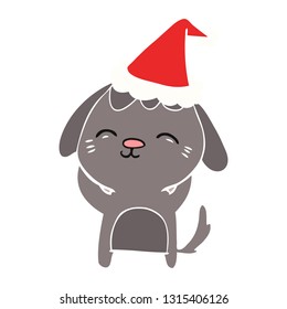 happy hand drawn flat color illustration of a dog wearing santa hat