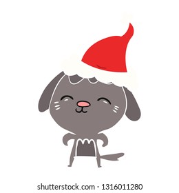 happy hand drawn flat color illustration of a dog wearing santa hat