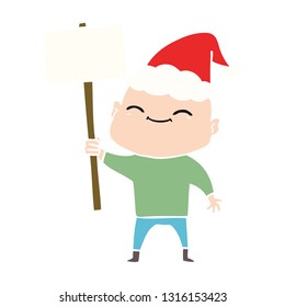 happy hand drawn flat color illustration of a bald man wearing santa hat