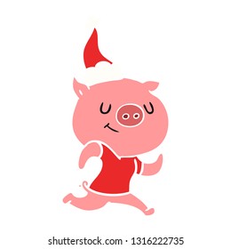 happy hand drawn flat color illustration of a pig running wearing santa hat
