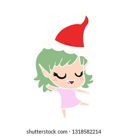 happy hand drawn flat color illustration of a elf girl wearing santa hat