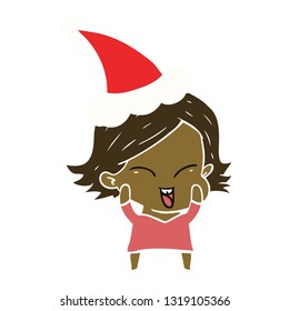happy hand drawn flat color illustration of a girl wearing santa hat