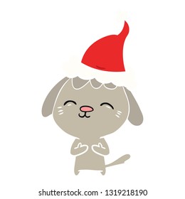 happy hand drawn flat color illustration of a dog wearing santa hat