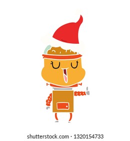 happy hand drawn flat color illustration of a robot wearing santa hat