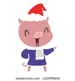 happy hand drawn flat color illustration of a pig in winter clothes wearing santa hat