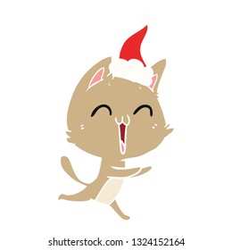 happy hand drawn flat color illustration of a cat meowing wearing santa hat