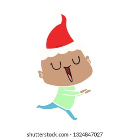happy hand drawn flat color illustration of a bald man wearing santa hat