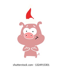 schöne, handgezeichnete flache Illustration eines Schweines mit Santa-Hut