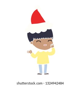 happy hand drawn flat color illustration of a boy wearing santa hat