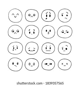 Fröhlich handgezeichnete lustige Gesichter. Gesichtsausdrückensatz mit Skizze. Kollektion emotionaler Zeichentrickfiguren. Emoji-Symbole. Kawaii Stil. Vektorgrafik