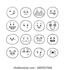 Happy hand drawn funny faces. Sketched facial expressions set. Collection of cartoon emotional characters. Emoji icons. Kawaii style. Vector illustration