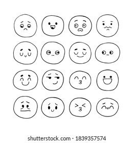 Happy hand drawn funny faces. Sketched facial expressions set. Collection of cartoon emotional characters. Emoji icons. Kawaii style. Vector illustration