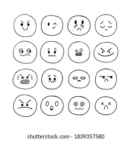 Happy hand drawn funny faces. Sketched facial expressions set. Collection of cartoon emotional characters. Emoji icons. Kawaii style. Vector illustration