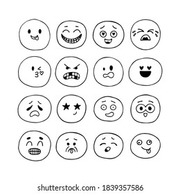 Happy hand drawn funny faces. Sketched facial expressions set. Collection of cartoon emotional characters. Emoji icons. Kawaii style. Vector illustration