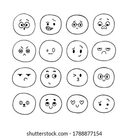 Happy hand drawn funny smiley faces. Sketched facial expressions set. Emoji icons. Collection of cartoon emotional characters. Kawaii style. Vector illustration