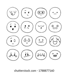 Happy hand drawn funny smiley faces. Sketched facial expressions set. Kawaii style. Collection of cartoon emotional characters. Emoji icons. Vector illustration