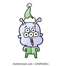 caricatura de gradiente dibujado a mano feliz de un alien usando sombrero santa